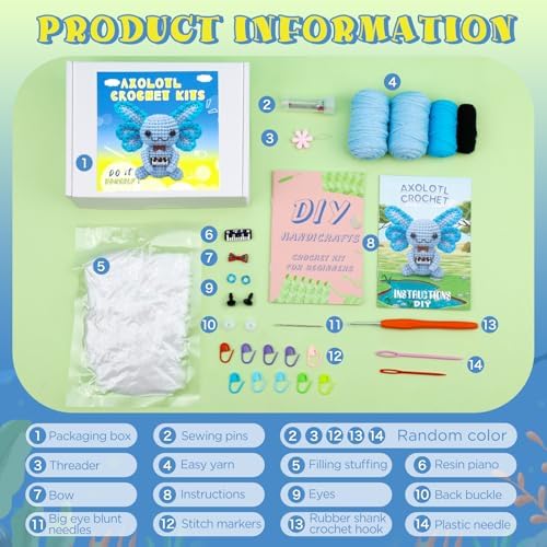 Pnytty Crochet Kit for Beginners, Blue Axolotl Crochet Starters Kit