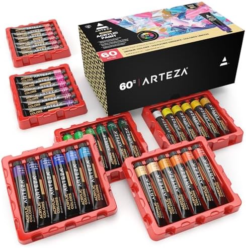 ARTEZA Acrylic Paint Set, 60 Colors, 22 ml Tubes, High-Viscosity