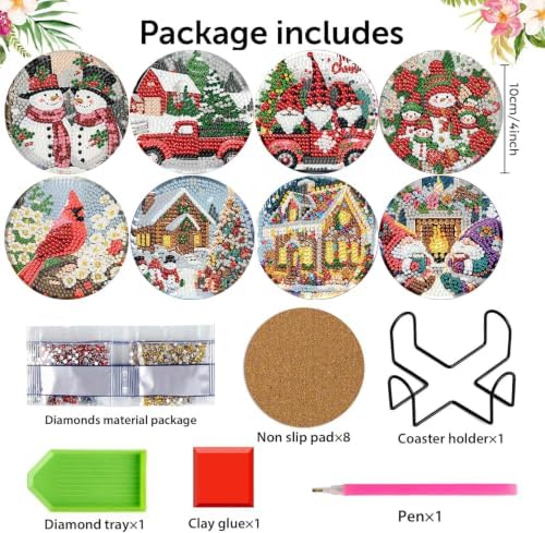 Christmas Diamond Art Coasters Kit, 8 Pieces Diamond Painting Coasters Kit