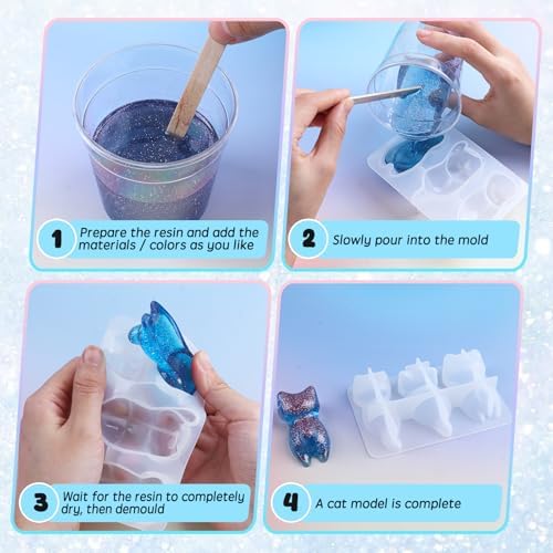 2 Pack Animal Silicone Molds, 3D Cute Cat Silicone Molds with Realistic Cat Shapes, Crystal Ornament Casting Moulds for Resin Casting, DIY Chopsticks Display Holder, Painting Pen Desktop Decor (Cat)