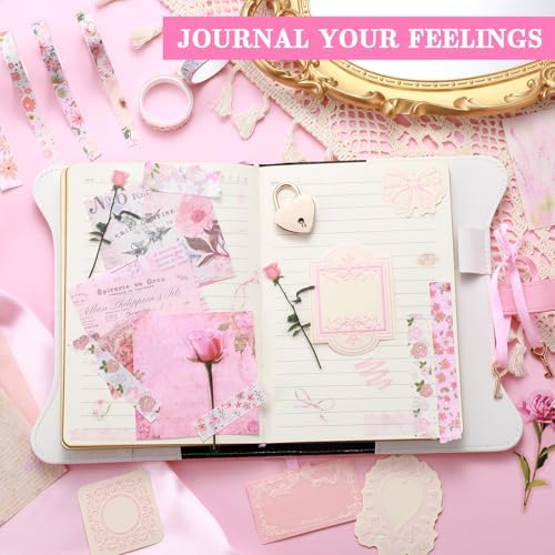 Janlaugh DIY Journal Diary with Lock Pack Scrapbook Kit, Pink, Classic | Stationery Diary Supplies, Scrapbook Supplies Art Crafts Kit for Birthday Holidays Ideal Gifts, Feather Bookmark Stickers