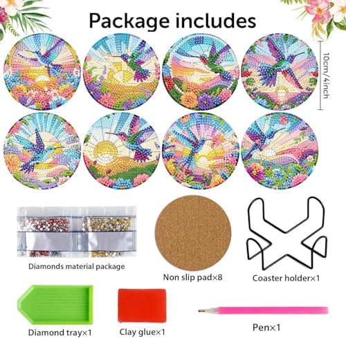 8 Pcs Diamond Art Coasters Kit for Adult with Holder, Diamond Coaster 4x4in