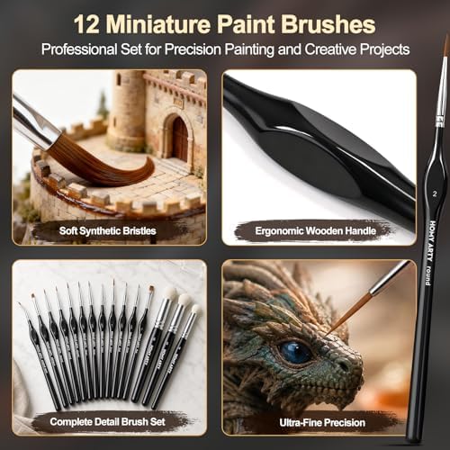 HOMY ARTY Miniature Paint Brushes Drybrush, 15 PCS Detail Paint Brush Set with 16.9 fl oz Brush Cleaner, Paint Brushes for Acrylic Painting, Models, Figurines, Nail Art & Paint by Number