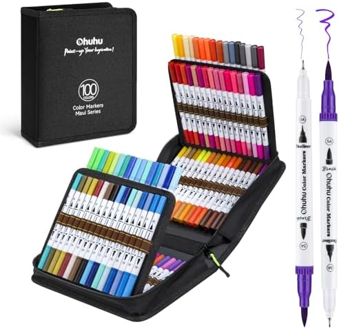 Ohuhu Adult Coloring Book Markers 100 Color Dual Tip Water-Based-Maui-White | No Bleed Coloring Markers Fineliner & Brush Drawing Pens Art Pens for Kids Adults Sketch Journal