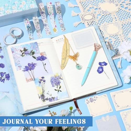Janlaugh DIY Journal Diary with Lock Pack Scrapbook Kit, Blue, Cute | Stationery Diary Supplies, Scrapbook Supplies Art Crafts Kit for Birthday Holidays Ideal Gifts, Feather Bookmark Stickers