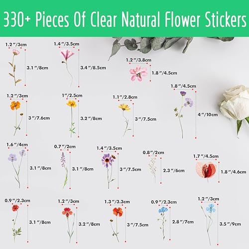 330+ PCS Natural Flower Stickers, Self-Adhesive PVC Nature Floral Stickers for Scrapbook, Laptop, Journal, DIY Project, Spring Themed Party Decors
