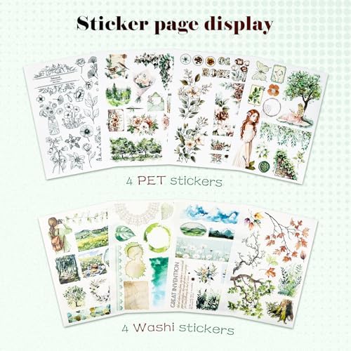 Dizdkizd Creative Art Journal Notebook with 28 Interesting Concept Templates Pages and 8 Die-Cut Stickers for Junk Journal, Scrapbook, Mixed Media, 8.3in × 5.8in, Green