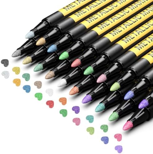 JR.WHITE Metallic Paint Markers, 20 Colors Paint Pen Craft Markers for Art, Rock Painting, Photo Albums, Scrapbooking, Black Paper, Mug, Wood, Easter Eggs, Drawing & Adult Art Supplies
