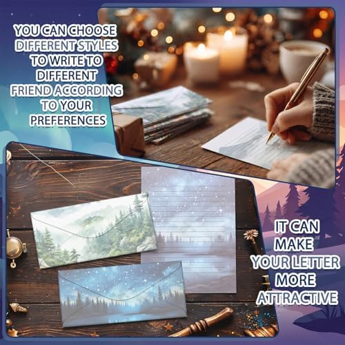 TaoBary 160 Pcs Stationery Paper Kit 50 Double Sided Stationery Papers with 50 Matching Envelopes and 60 Round Dot Sticker, 10 Design(whimsical Watercolor Illustration Starry Night, 8.5 x 11 Inch)