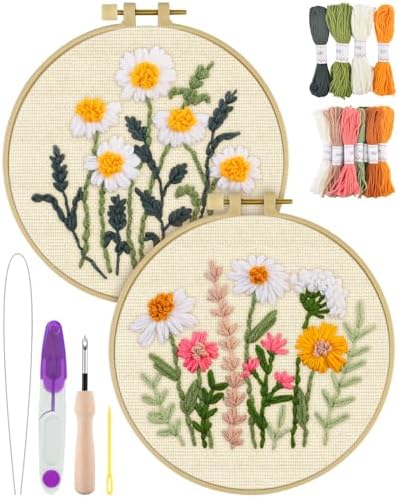 ERKOON Punch Needle Kit Adults Beginners, 2 Pcs DIY Easy Flower Embroidery Set for Starter Art Craft, Needling Punching Project with Patterns, Tools, Yarns, Hoop, Instruction (Daisies)