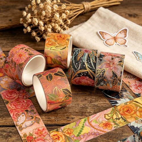 Flowers Washi Tape, 10 Rolls Aesthetic Decorative Foil Masking Tape Set with Gift Box, Decorative Tape for Bullet Journal, DIY Craft, Scrapbook Supplies