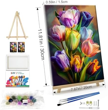 JOOZ Paint by Numbers Kit for Adults Flowers Paint by Number with Frame Floral Paint by Number with Easel Tulip Digital Oil Painting Kits for Gift Home Wall Decor 7.87x11.81 Inch