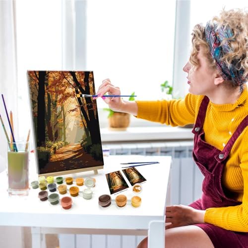 JOOZ Paint by Numbers Kit for Adults with Frame Forest Paint by Number with Easel Autumn Landscape Adult Paint by Number Kits Framed Canvas Tree Oil Painting Kits for Gift Home Wall Decor 8x12 Inch