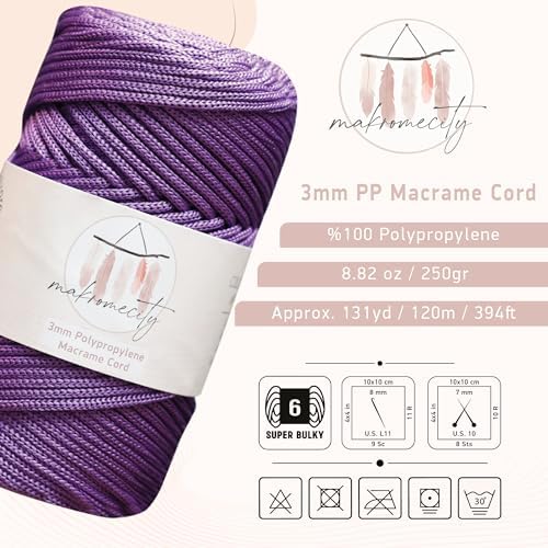 Makromecity, Premium Polyester Macrame Cord 3mm x 131 Yards (394 feet) 3mm Polypropylene Lilac Macrame Cord Crochet Macrame Bag Cord Crafts for Wall Hangings, Bags, Underplate, Rug