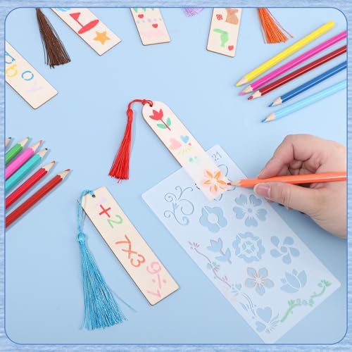 126PCS Bookmark Making Kit, 60 Wood Bookmarks with Tassels & Templates