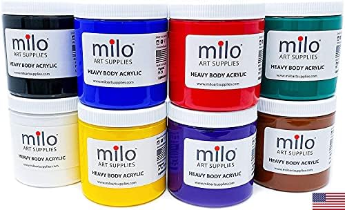 milo Heavy Body Acrylic Paint Set, 8 Primary Colors, 8 oz Jars, Semi-Gloss
