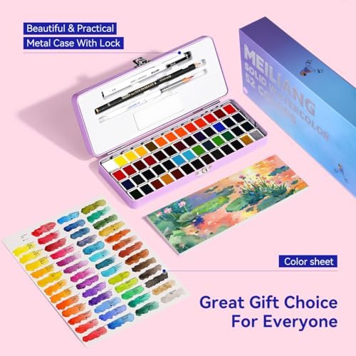 52 Colors Watercolor Paint Set for Adults, Vibrant Travel Water Colors Kit with Metallic Shades, Includes Brush, Pencil, Sponge, 5 Watercolor Papers & Black Pen, Portable, Purple Case
