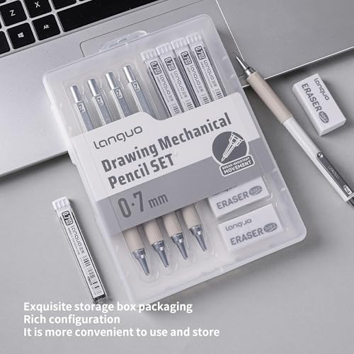 languo 0.7mm Mechanical Pencil Set with Case, 4PCS Drafting Mechanical Pencils Kit – 4 Tubes 2B Lead Refills, 3 Erasers, Ideal Pencil Set for Writing & Drawing
