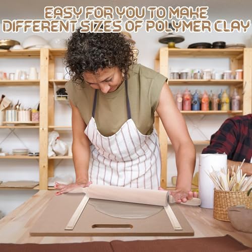 Newtay 12 Pcs Pottery Tools Include 1 Wood Rolling Pin Sculpting Polymer Clay Tools 1 Portable Wedging Board for Pottery with Built in Handle and 10 Pcs 5 Size Pottery Teaching Rolling Mud Stick Guide