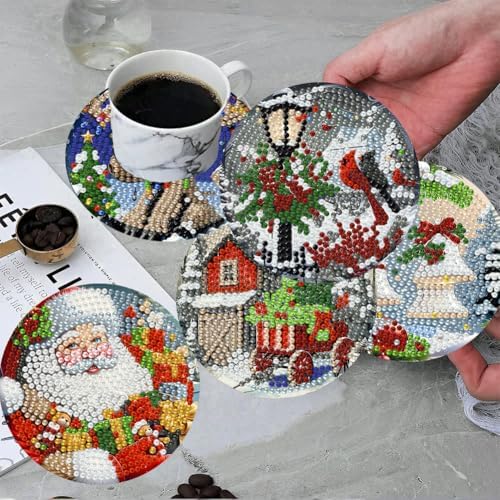 ijbnhd 8 PCS Christmas Diamond Art Coasters Kit 4X4inch (Cork Wooden Pad)