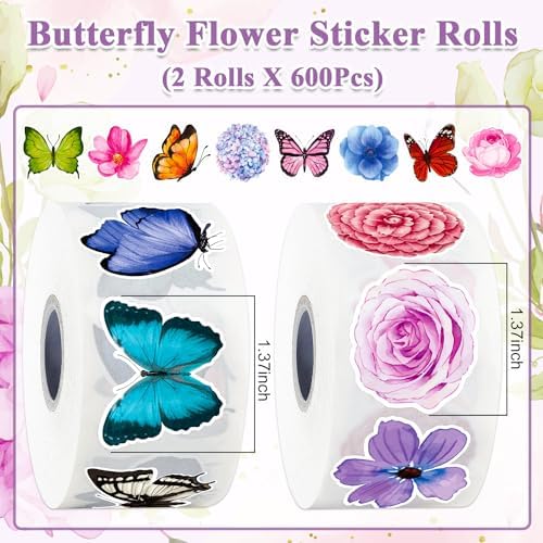 Butterfly Flower Sticker Rolls,1200PCS (2 Rolls) 16 Design Butterfly Stickers for Kids, Colorful Assorted 3D Roll Flower Sticker for Scrapbooks Envelopes Giftwrap Decals Cards Walls Parties