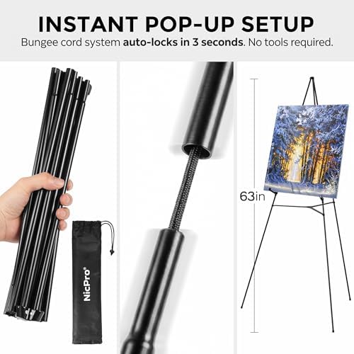 Nicpro 3 Pack 63 Inches Easel Stand for Sign, Black, with Carry Bags | Lightweight Metal Poster Stand, Adjustable Portable Foldable Easels for Display, Signs, Posters, Painting, Wedding Signs