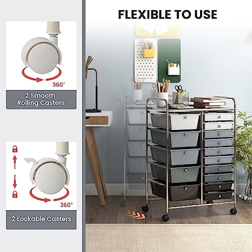 GOFLAME 15-Drawer Rolling Storage Cart, Craft Storage Cart with Removable Drawers & Lockable Wheels, Art Cart Supply Storage Organizer for Home Office Classroom, Gray Gradient