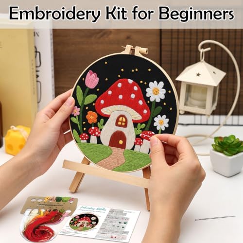 Louise Maelys Mushroom Cottage Embroidery Kit for Adults with Complete Tool