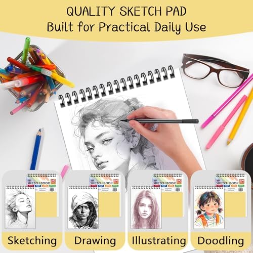 WINNER 9" x 12" Sketch Book 4 Pack, 400 Sheets Spiral Bound Art Sketchbook, 68lb/100gsm White Acid Free Drawing Pad, Sketching Doodling Drawing Writing Sketch Pad, Back to School Art Supplies, Yellow