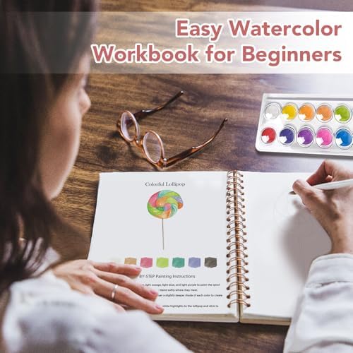 Easy Watercolor Workbook for Beginners - 12 Beautiful Step-by-Step Paintings Water Coloring Book, Includes 16 Colors Paints, Relaxing Art Projects and Creative Gift for Adults & Teen (Candy)