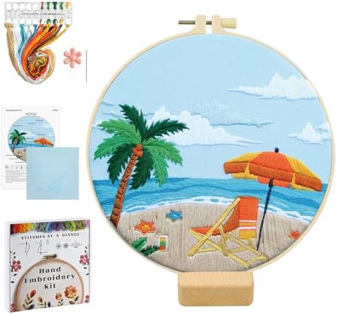 ElasignShopo Ocean Embroidery Kit for Beginners Adults, Easy Cross Stitch Kit Spring Summer Beach Ocean Pattern Embroidery Starter Kits with Wooden Hoop Needles Threads Display Stand and Instruction