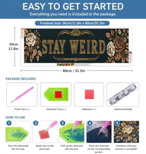 CraftBliss 5D Large Diamond Painting Kit, Stay Weird Retro Floral Long Wall Art, 30x80cm (12x32 inch) Horizontal Diamond Art for Adults, Vintage Flower Gem Art for Living Room Bedroom Home Decor