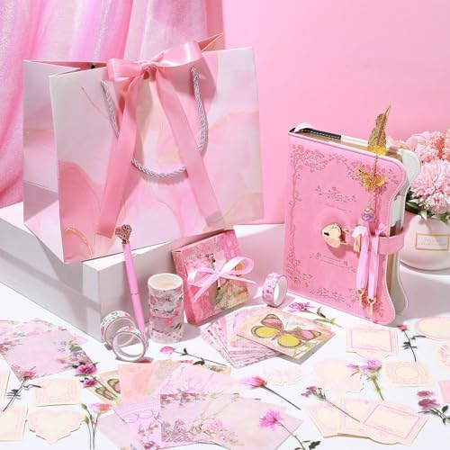 Janlaugh DIY Journal Diary with Lock Pack Scrapbook Kit, Pink, Classic | Stationery Diary Supplies, Scrapbook Supplies Art Crafts Kit for Birthday Holidays Ideal Gifts, Feather Bookmark Stickers