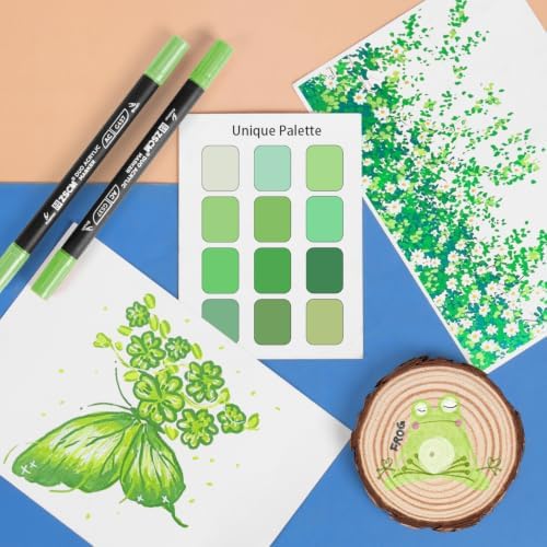 ZSCM 12 Green Acrylic Paint Markers, Dual Fine & Brush Tip Acrylic Pens