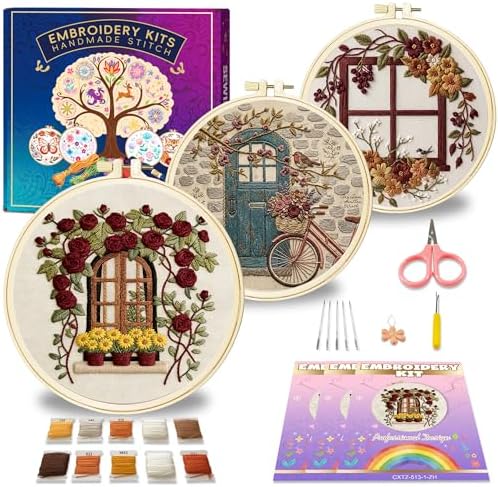 Huacan Embroidery Kit for Adults Beginners with 3 Hoops & Gift Box