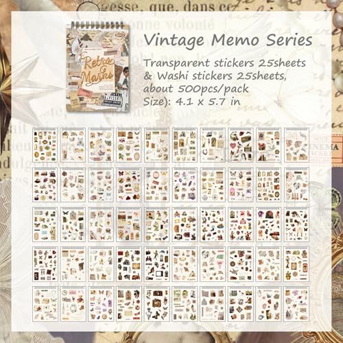 Vintage Stickers Pack, 50 Sheets Over 500 Pcs Art Stickers for Journaling, Scrapbooking Supplies and Junk Journal Bullet Journal Deco & Collage Kit Planner Accessories (Letter)
