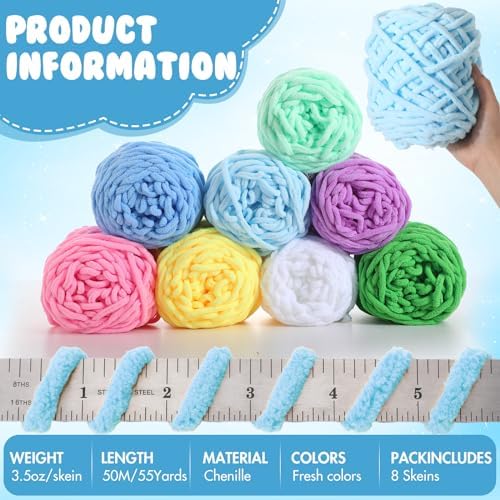 Buryeah 8 Pack Chunky Chenille Yarn for Crocheting, Fresh Colors