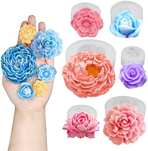 6PCS Flower Silicone Mold Set, 3D Bloom Rose Peony Fondant for Chocolate Cake Decor, Soap Candle Making Kit, Resin Epoxy Casting Polymer Clay Craft Gift