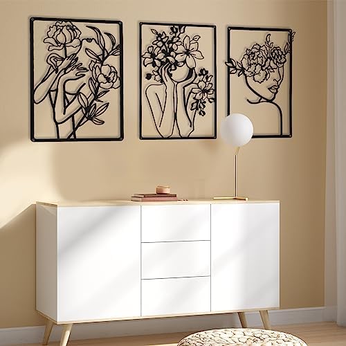 CHENGU 3 Pieces Metal Minimalist Abstract Woman Wall Art Line Drawing Wall Art Decor Single Line Female Home Hanging for Kitchen Bathroom Living Room