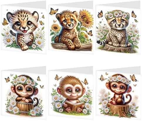 LazyFold 6 Pcs Diamond Art Painting Greeting Cards Kits, DIY Cute Leopard Handmade Festival Greeting Cards with Envelopes Diamond Art Crafts Birthday Cards Creative Gift