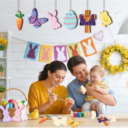 48Pcs Paintable Wooden Easter Ornaments Unfinished Wood Cutouts for Crafts DIY Eggs Bunny Butterfly Chick Carrot Painting for Crafts Hanging Wood Slices Spring Party Decoration