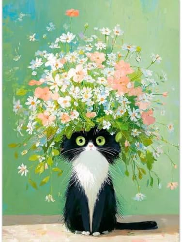 Amaieuin Cat Paint by Numbers Kit for Adults,Canvas Paint by Numbers for Adults,Flowers Cat Paint by Number Adult DIY Flower Painting Kit for Relax Gifts and Home Wall 20x16in