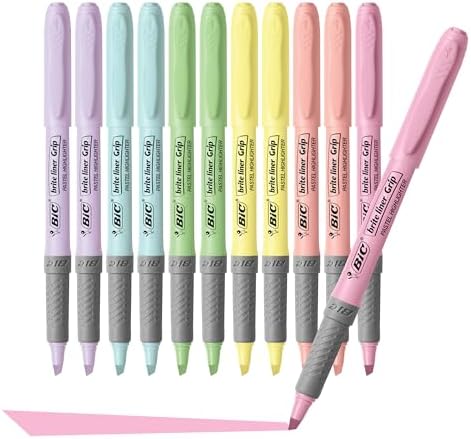 BIC Brite Liner Grip Pastel Highlighter Set, Chisel Tip, 12-Count Pack of Pastel Highlighters in Assorted Colors, Cute Highlighters for Bullet Journaling, Note Taking and More (Pack of 3)