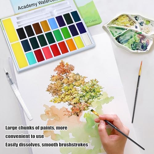 24 Colors Large Block Watercolor Paint Set for Watercolors Workbook, Portable Water Colors Paint Kit with 2 Paintbrushes 1 Waterbrush, for Adult Painting Beginners & Professional Amateur Hobbyists