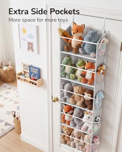 ULG Stuffed Animal Organizer Over the Door, Large Hanging Plush Toy Storage with Mesh Window, Cotton Kids Toy Organizer for Bedroom, Nursery, Playroom & Baby Items Clear Grey