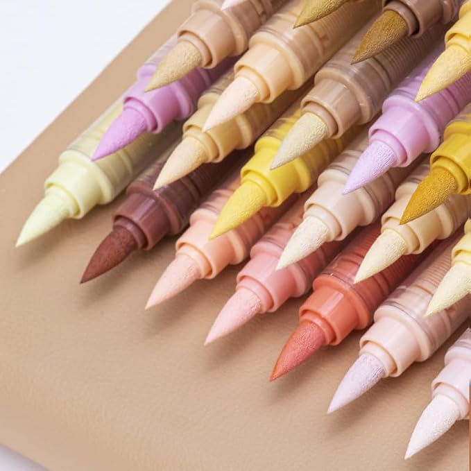 Guangna Skin Tone Acrylic Paint Art Markers, 24 Colors Brush Tip Skin Tone Markers Set, Perfect for Paper Wood Rock Glass Plastic Metal Canvas Comics Anime Coloring