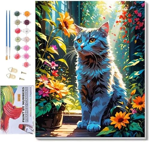ldazao Cat Framed Paint By Numbers Kit for Adults Canvas Cats Sunflower Adult Paint By Number Artist Kits for Beginner DIY Easy Cat Garden Flower Oil Painting Home Room Decor Gift 9.5x12 Inch