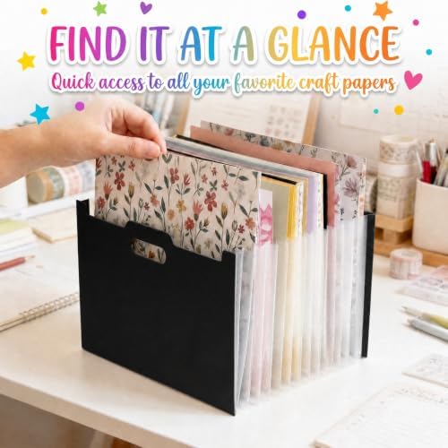 12x12 Scrapbook Paper Storage Organizer, Expandable 13 Pocket Desktop Paper Organizer Storage for Scrapbook Essentials, Large Scrapbook Storage for Photos, Washi Tape, Sticker (Black)