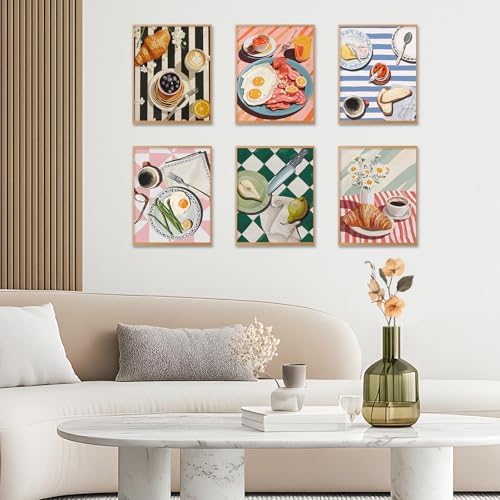 6 Pack Paint by Numbers Kit for Adults, Breakfast Painting, 8x10 Inch | DIY Adult Paint by Number Kits on Canvas for Beginners, without Frame, Kitchen Wall Decor, Stress Relief Craft Gift
