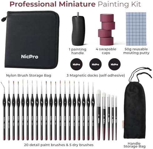 Nicpro Professional Miniature Painting Kit - 25PCS Miniature Paint Brushes Drybrush with Magnetic Painting Handle, Model Paint Brushes for Miniatures, Model, Craft, Acrylic Painting, with Nylon Bag